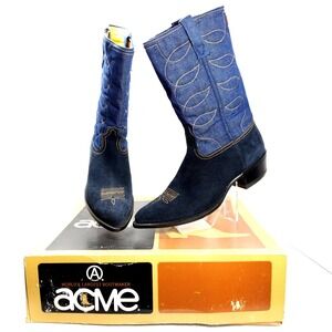 Vtg 70's ACME Blue Denim & Suede Cowboy Boots Men's 11 D Rockabilly Western Rare